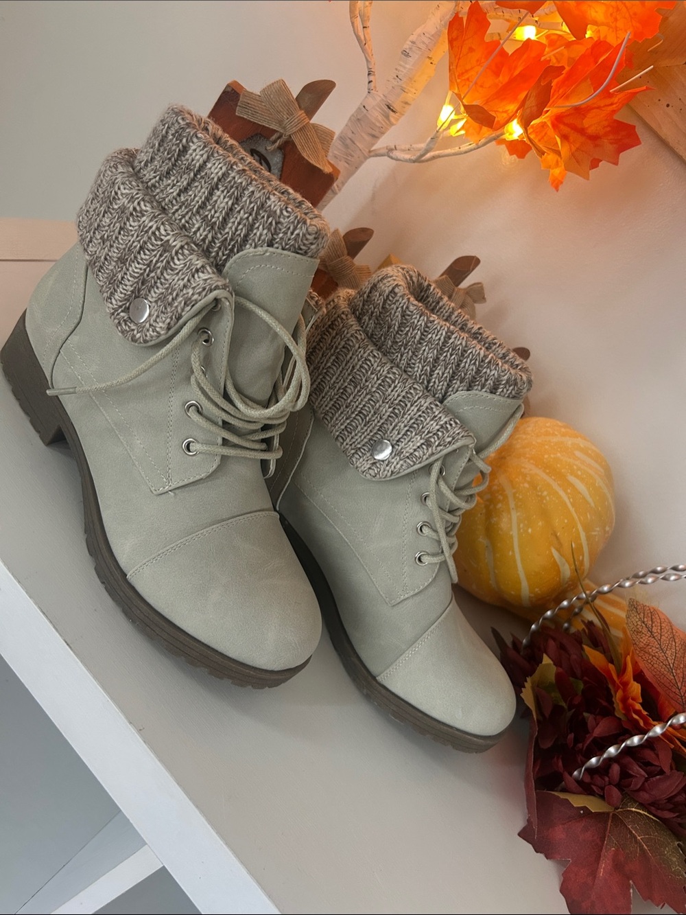 Women’s Knit-Cuff Lace-Up Ankle Boots in Taupe